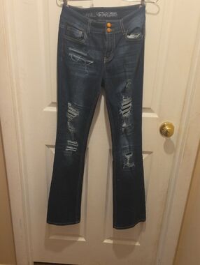 Vanilla Star Patched⁹ Distressed Dark Wash Boot Cut Jeans